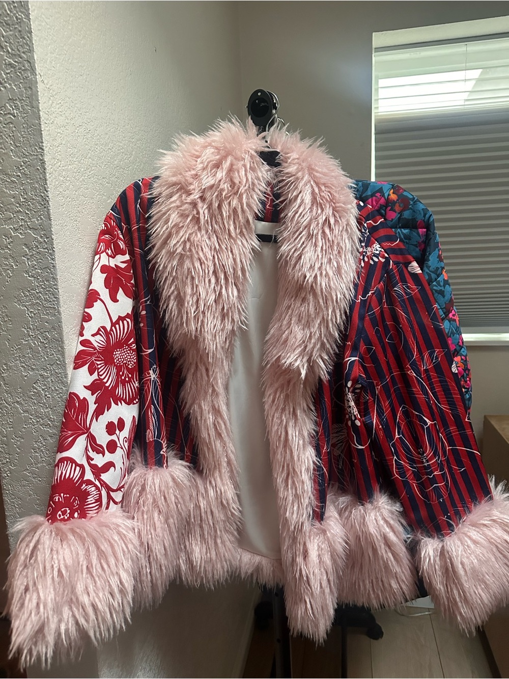 Pink Faux Fur Trimmed Mixed-Print Jacket